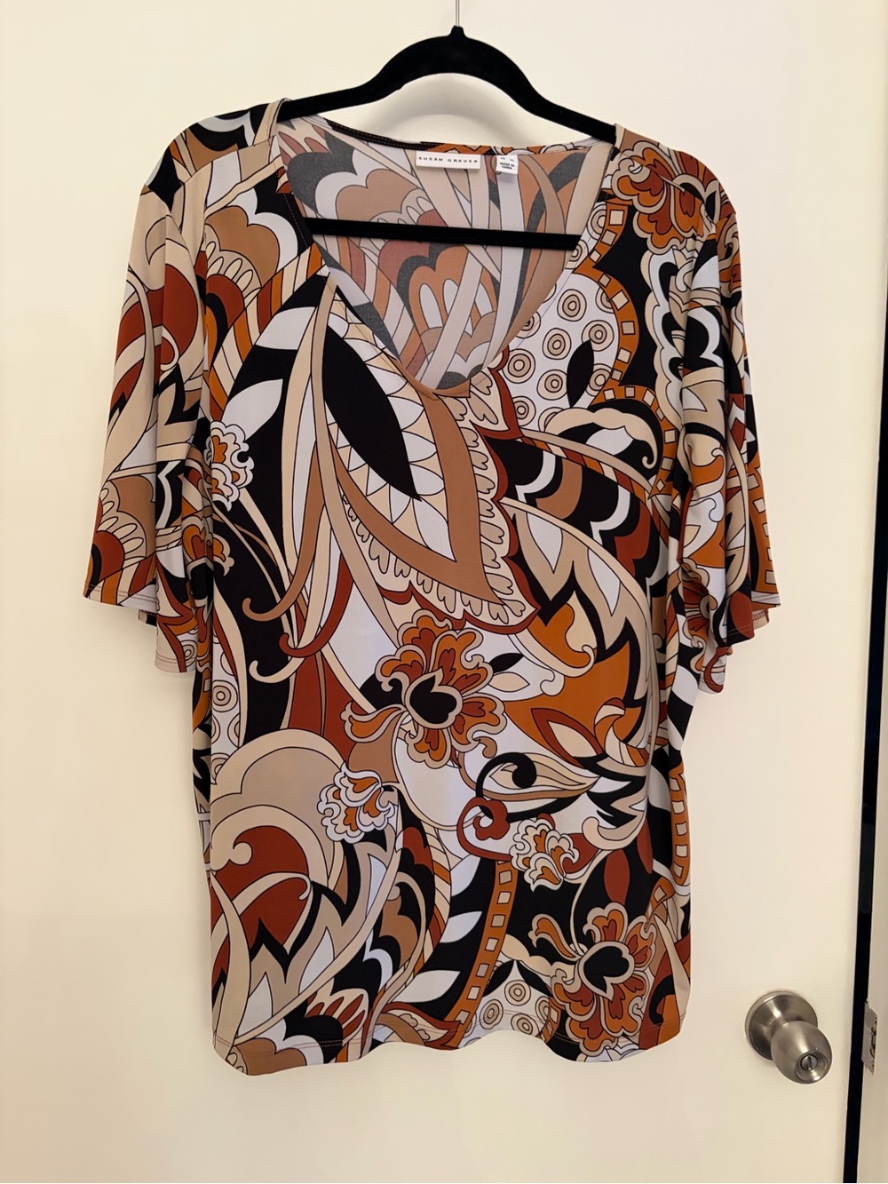Susan Graver Brown Black Cream Paisley Print V-Neck Blouse